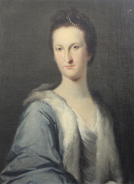 Early 18th Century English School Portrait of a lady wearing a blue dress and pearls in her hair 27 x 21in.